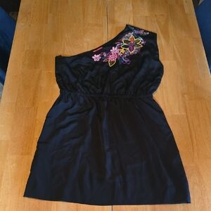 Monsoon Black One-Shoulder Dress with Colorful Floral Design